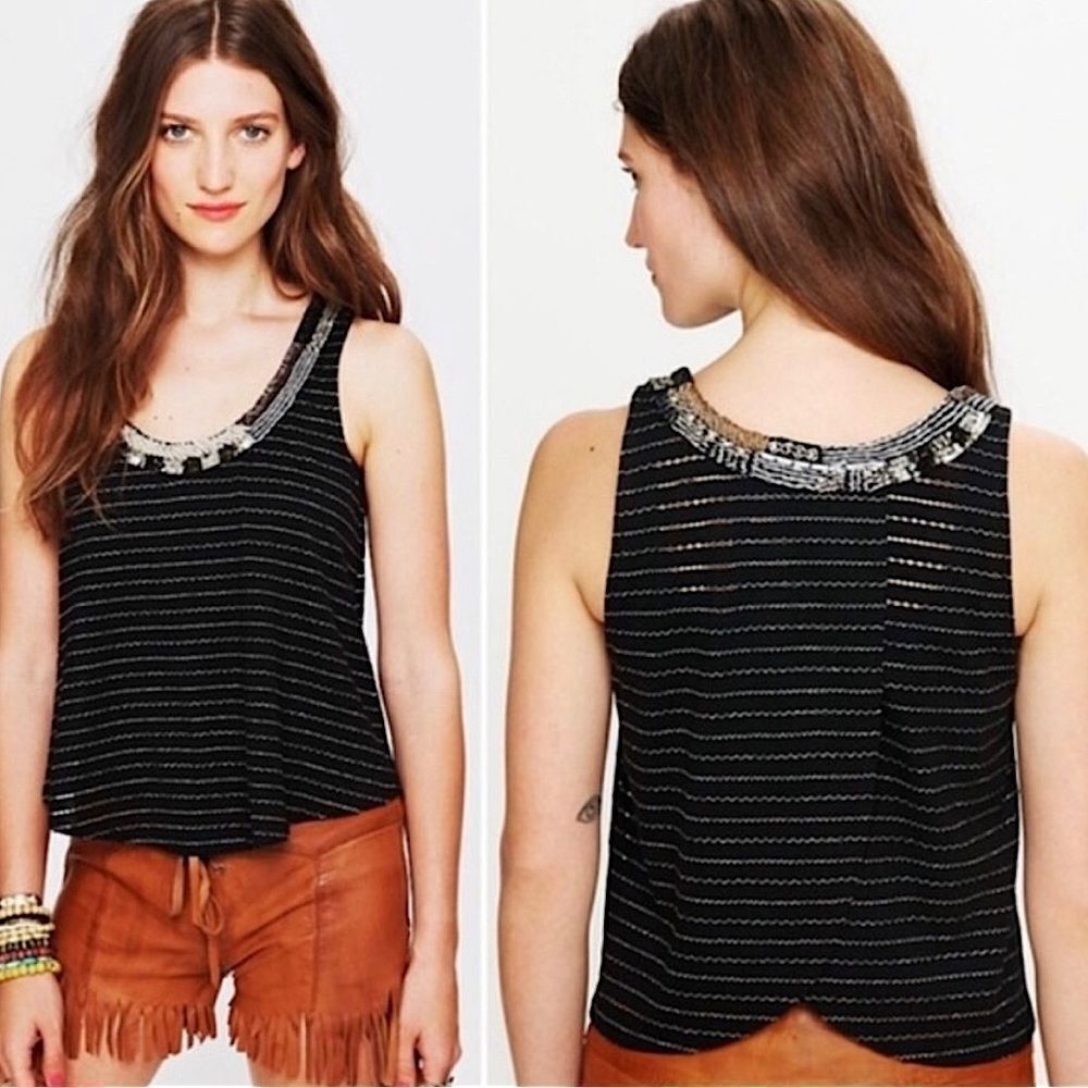 Free People Aztec Louie Split Back Beaded Scoop Neck Top